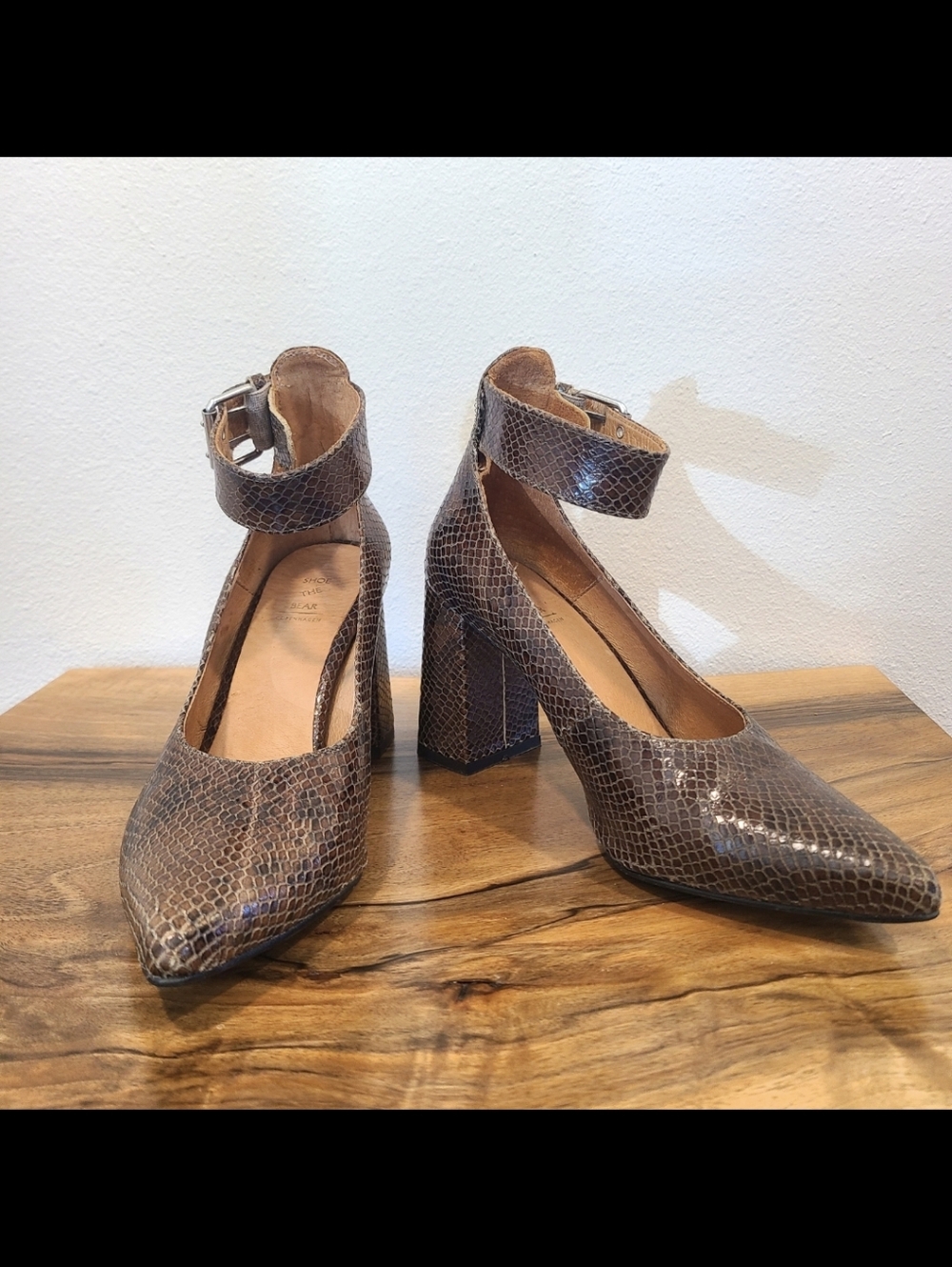 Shoe the Bear Snakeskin Ankle Strap Heels